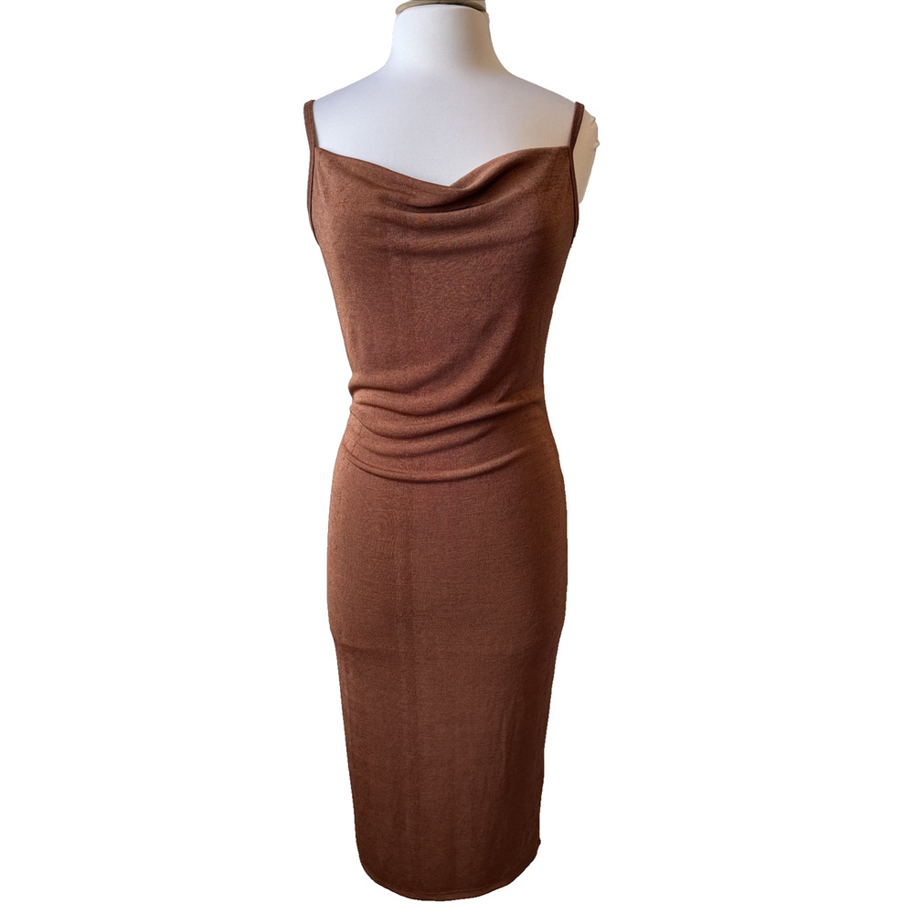 Forever21 NWT Women's L Satin Copper Brown Drape‎ Neck Bodycon Midi Dress Sexy